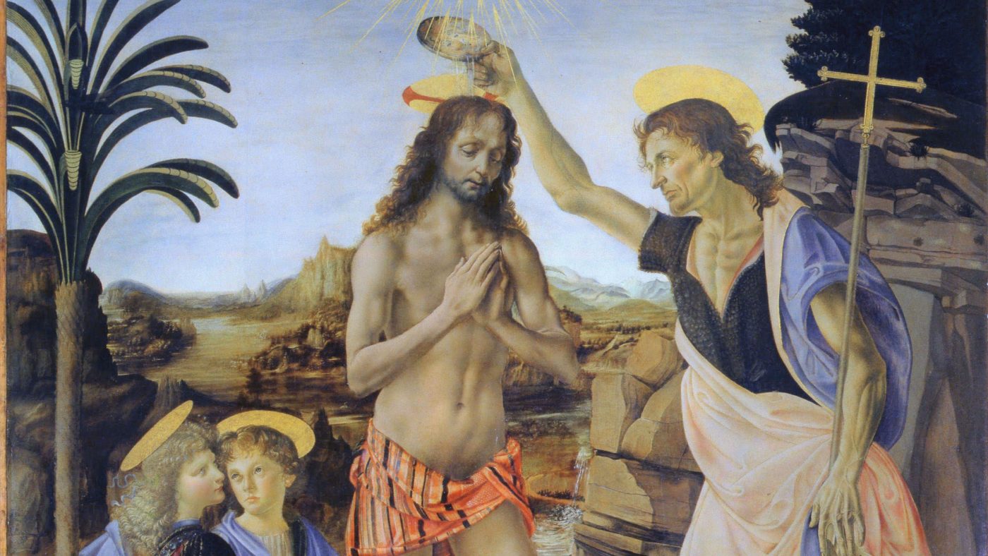 Verrocchio,_Leonardo_da_Vinci_-_Battesimo_di_Cristo krst <em>Cerkveni očetje</em> in Benedikt XVI. o <strong>Jezusovem krstu</strong>